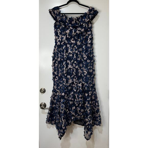 XSCAPE Off-The-Shoulder Embroidered 3D Floral Lace Midi Dress Navy Sz 12/14 NWT - Picture 2 of 16